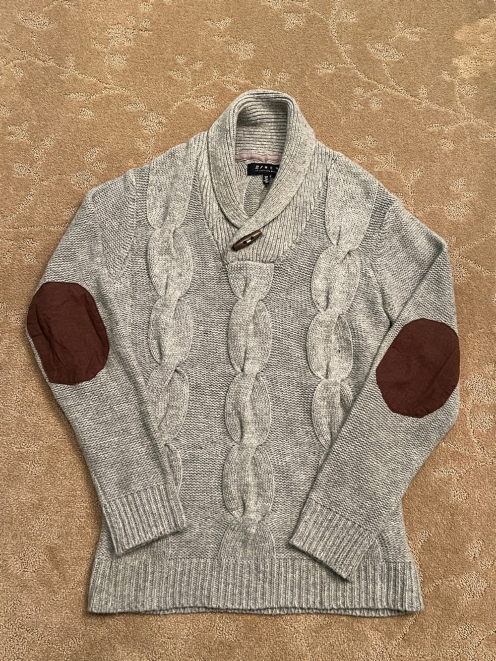 21 Men Knit Pullover Gray Sweater w/ Elbow Patches, Small
